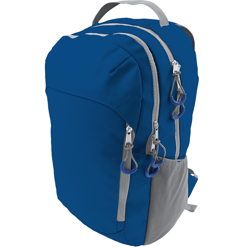 Blue sports backpack with grey side panels.