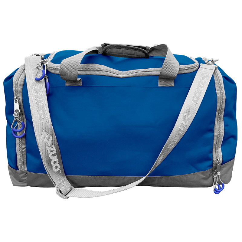 Blue and white sports duffel bag.