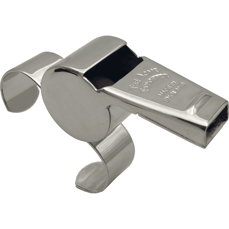 Silver metal referee whistle with finger grip.