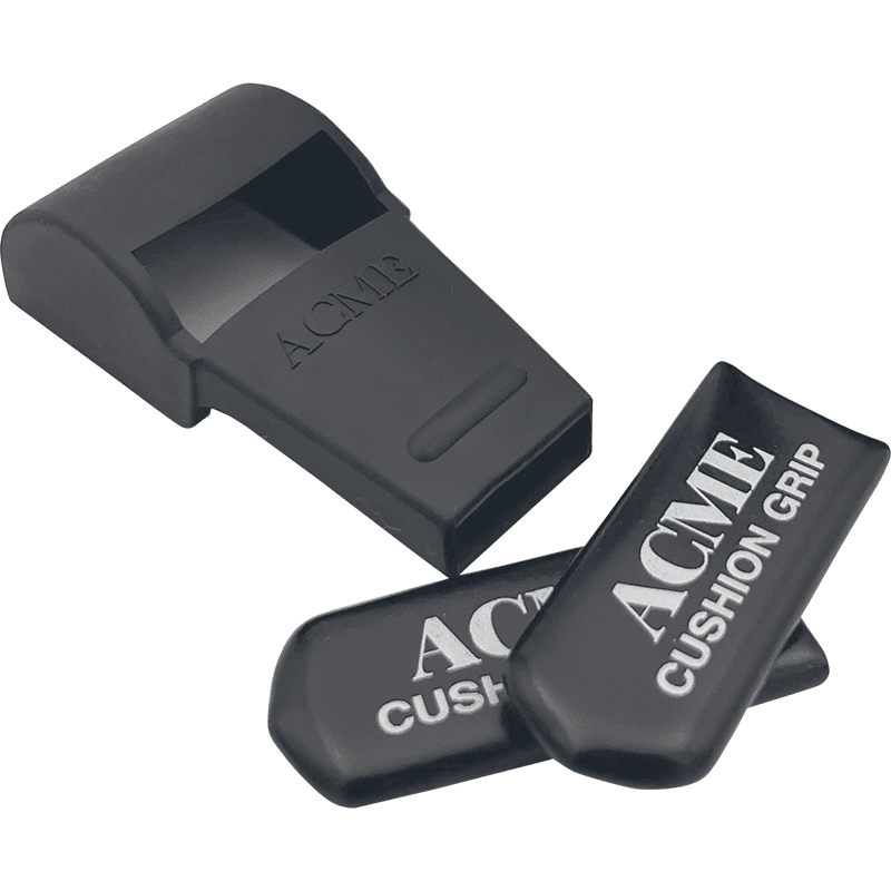 Black referee whistle with attached lanyard and accessories.