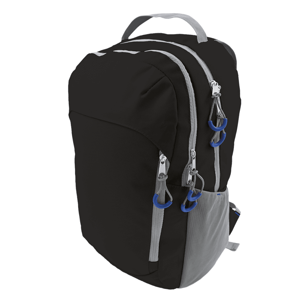Black sports backpack with grey side panels.