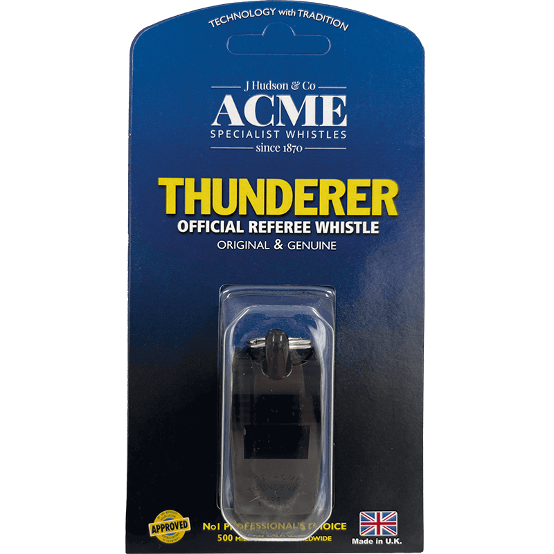 ACME Thunderer metal whistle in branded packaging.