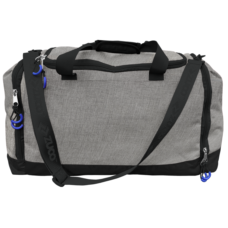 Grey sports duffel bag with black straps.