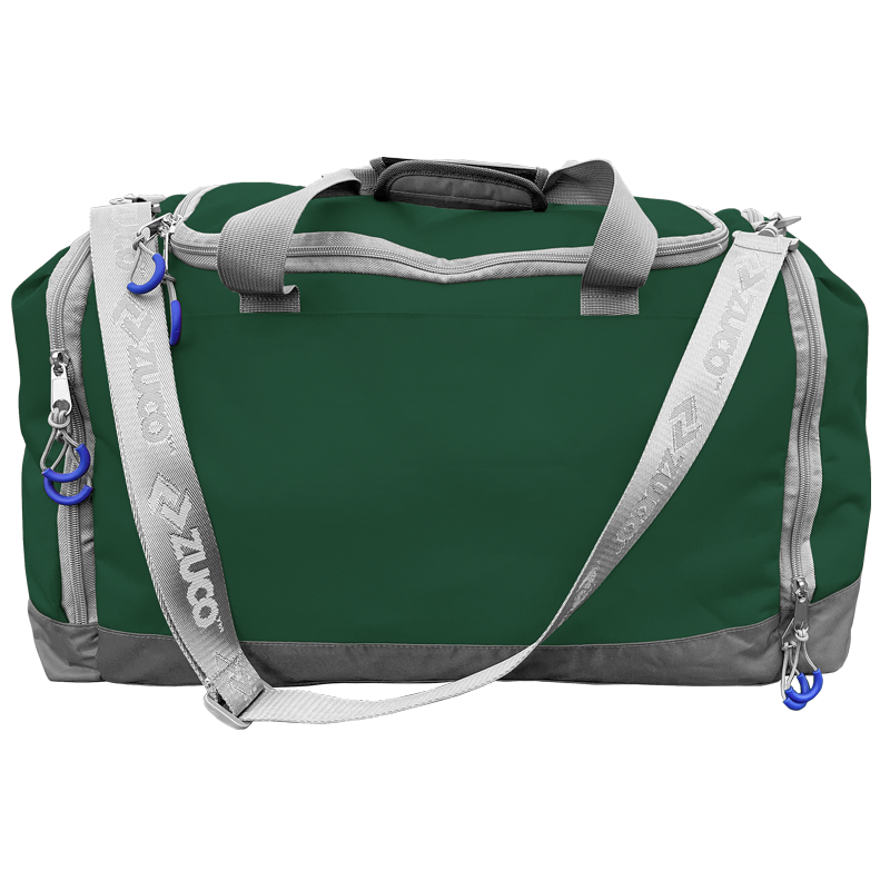 Green and white sports duffel bag with carry handles.