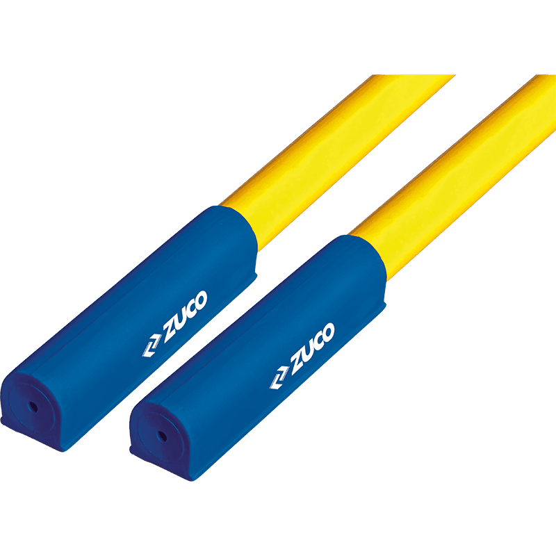 Yellow and blue agility training poles.