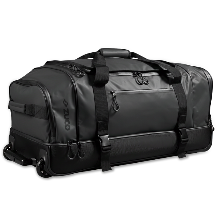 Black sports duffel bag with multiple compartments.