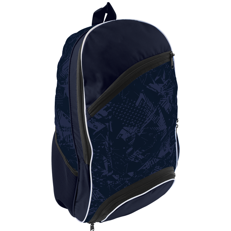Navy sports backpack with multiple zip compartments.