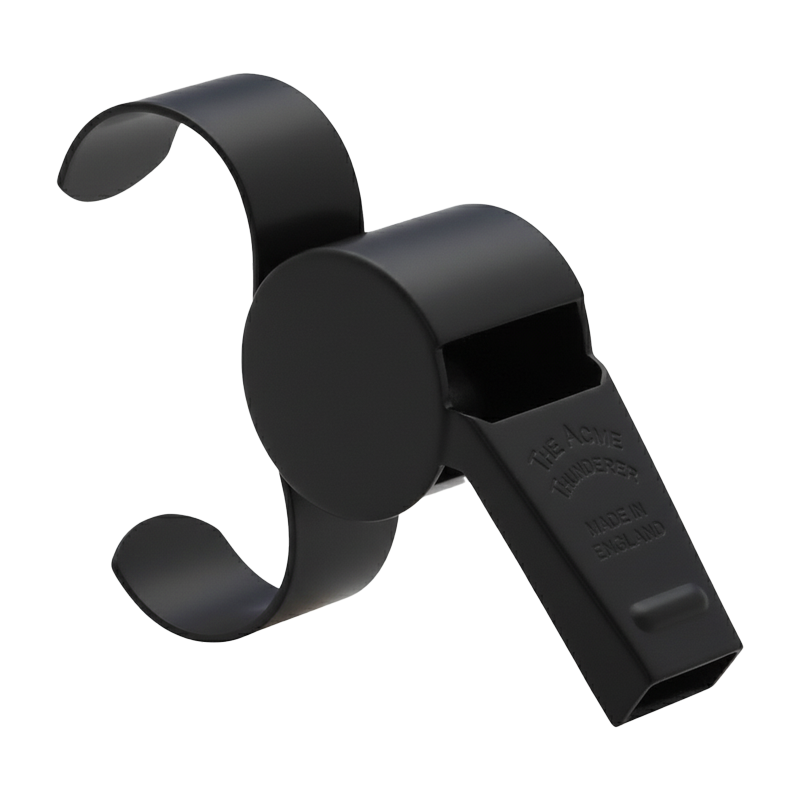 Black plastic sports whistle with finger grip.