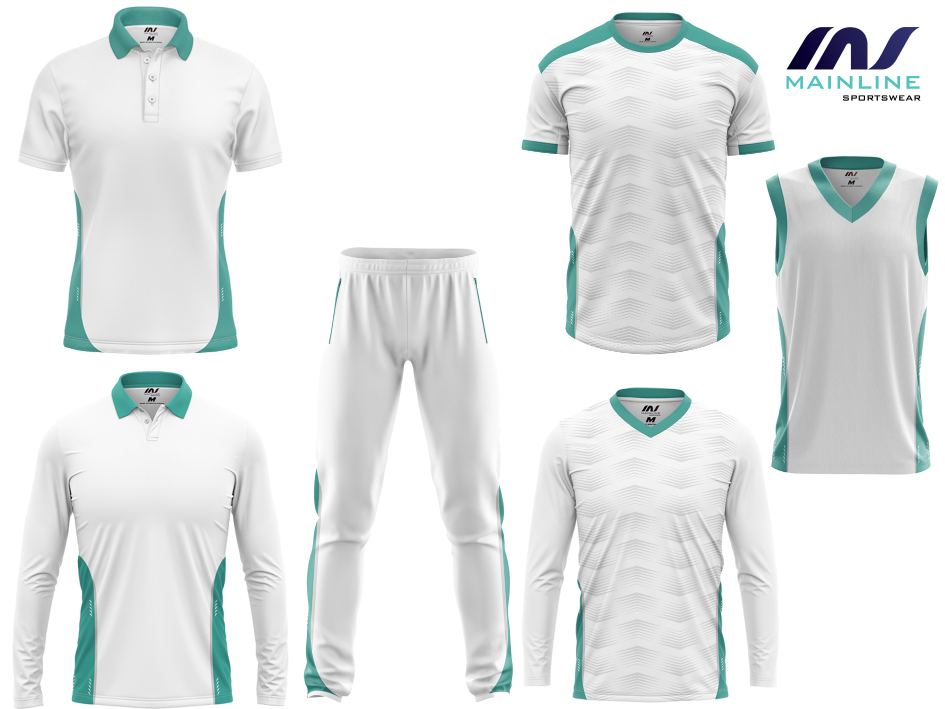White and mint cricket kit with matching trousers.