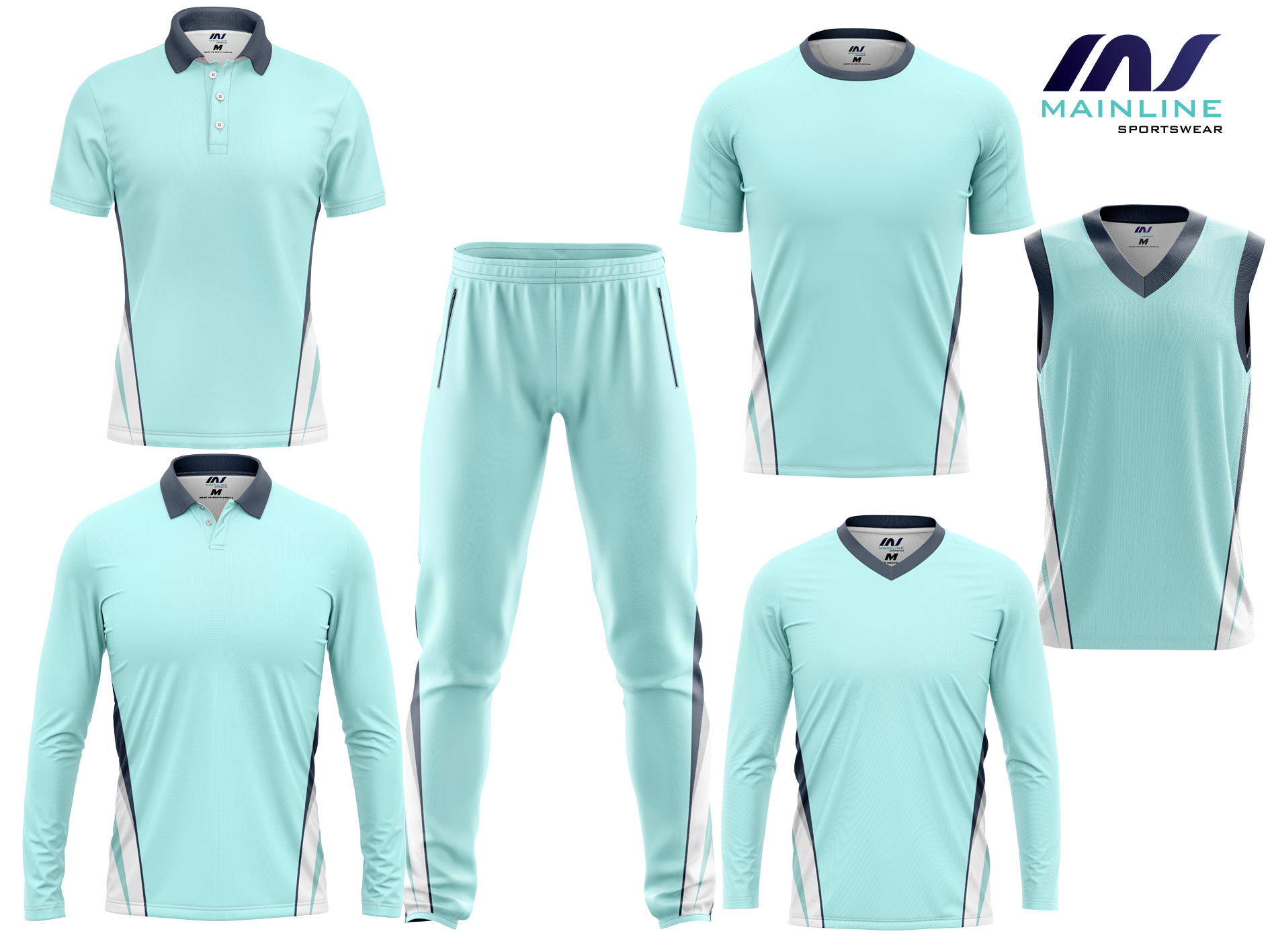 Mint cricket kit with matching shirt and trousers.