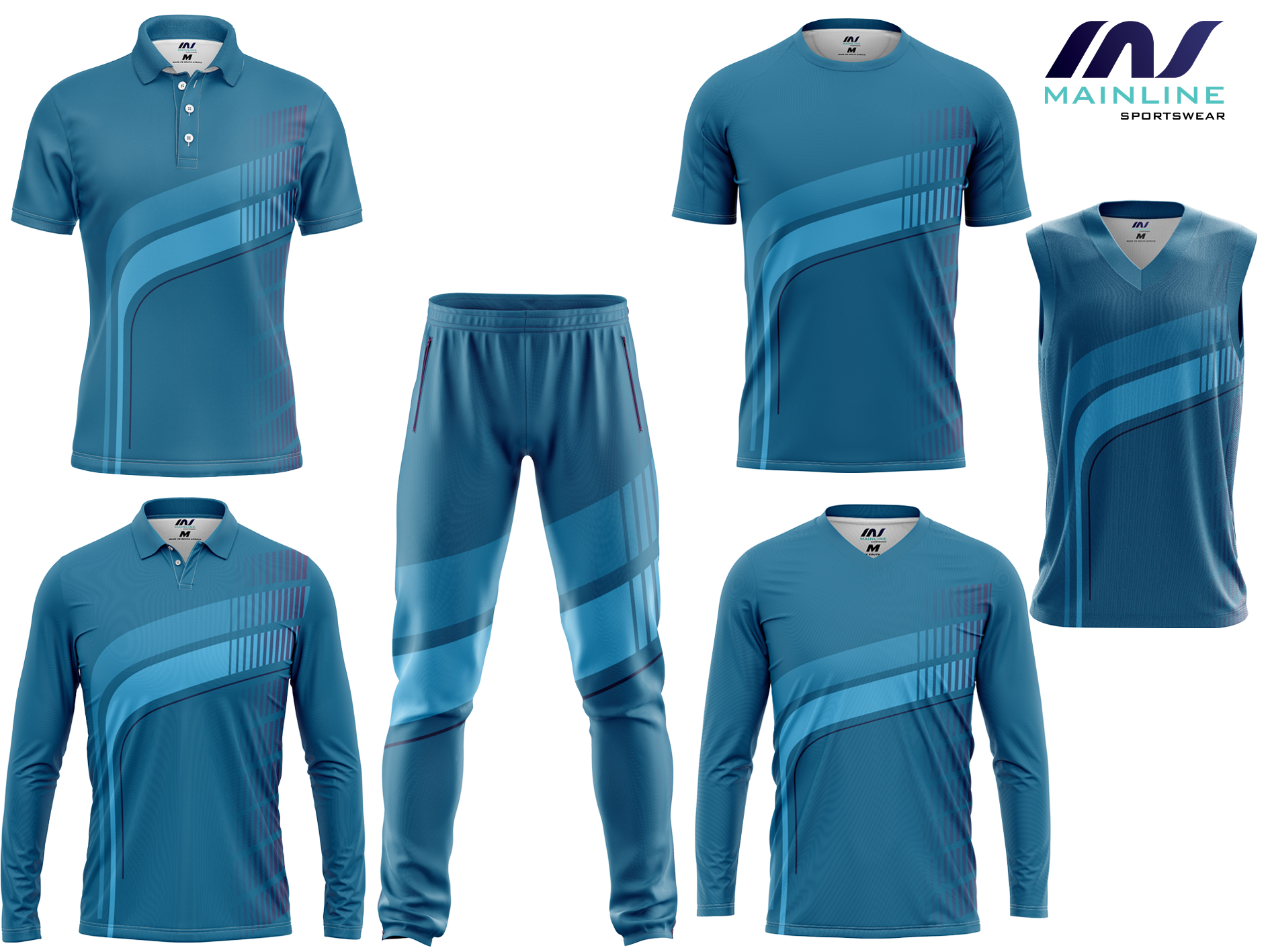 Blue cricket kit with matching shirt and trousers.