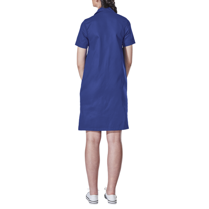 Female model wearing a royal blue healthcare dress from the back.