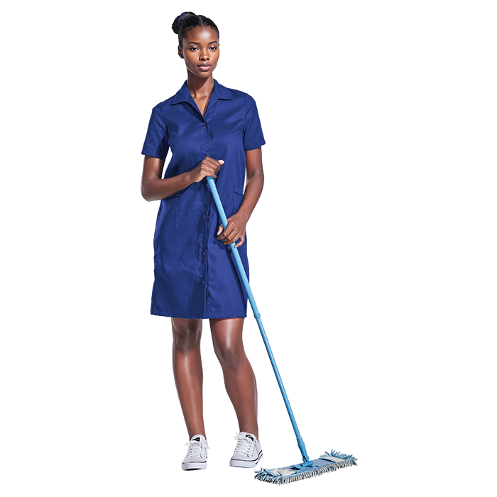 Female model wearing a royal blue healthcare dress.