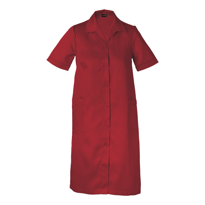 Red short-sleeve healthcare uniform dress.