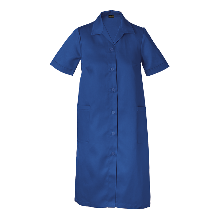 Royal blue short-sleeve healthcare uniform dress.