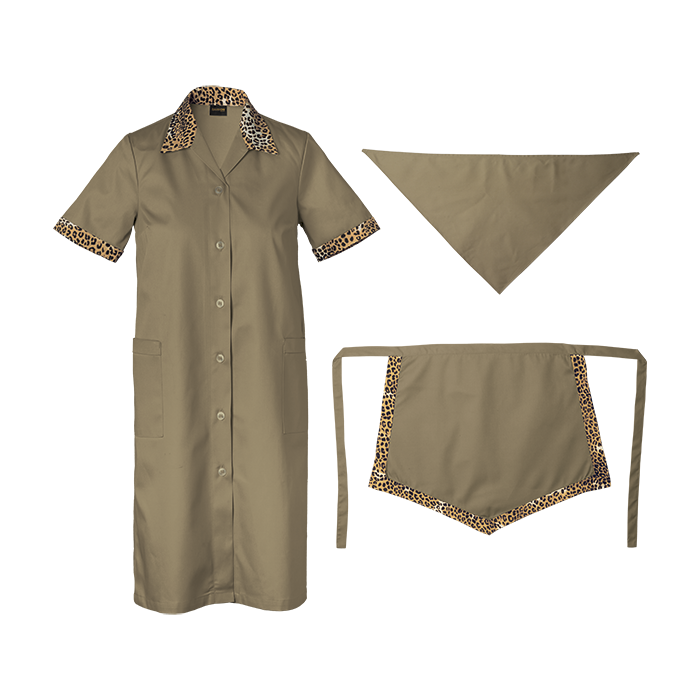 Khaki beauty uniform set with matching scarf.
