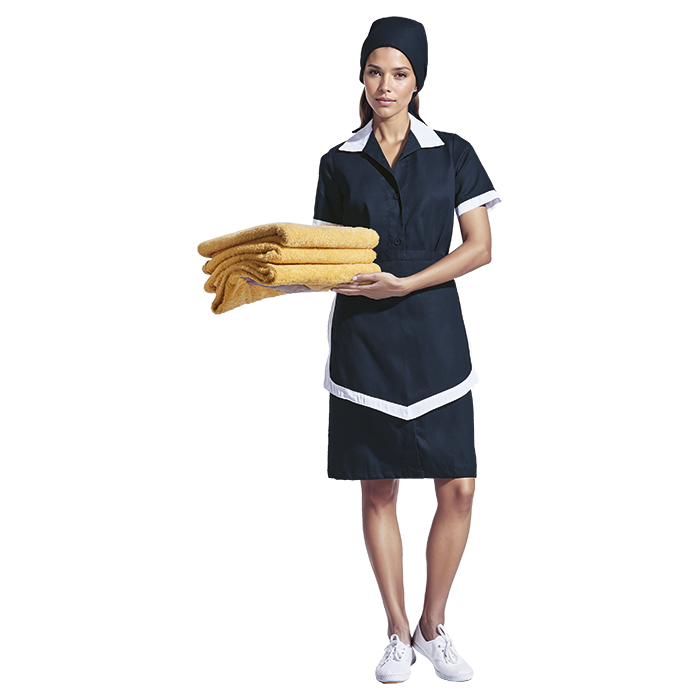 Female model wearing a navy uniform while holding folded towels.