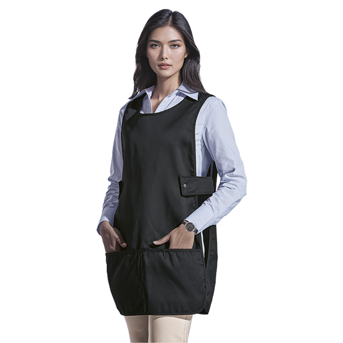 Female model wearing a black waistcoat over a white blouse.