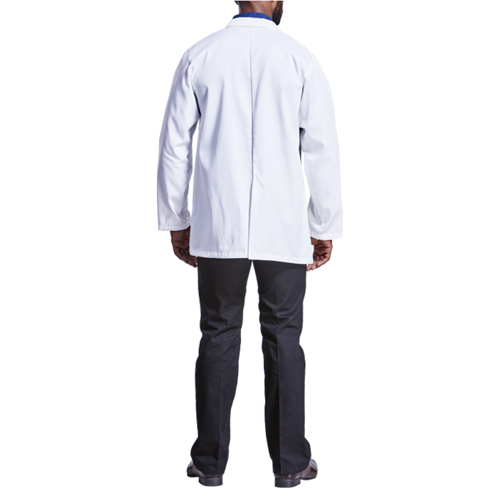 Female model wearing a white healthcare jacket from the back.
