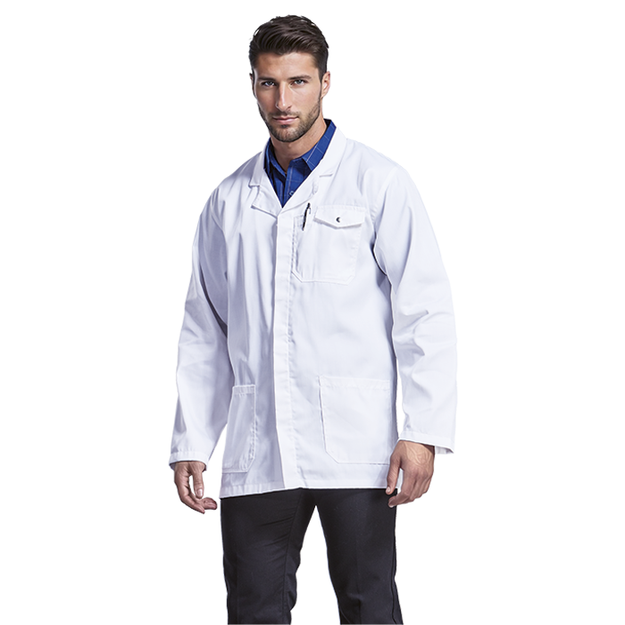 Male model wearing a white professional healthcare jacket.
