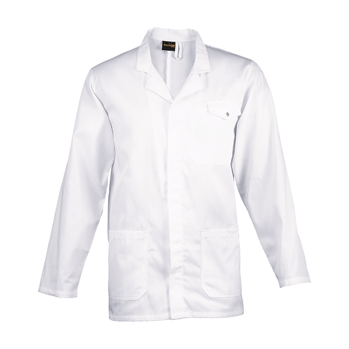 White women’s healthcare uniform jacket shown from the front.