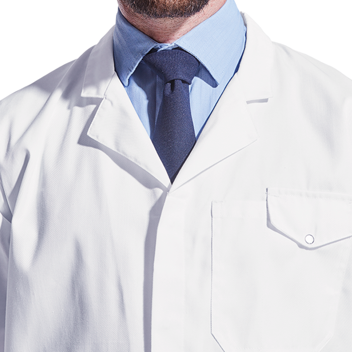 Close-up of white healthcare jacket with navy necktie detail.