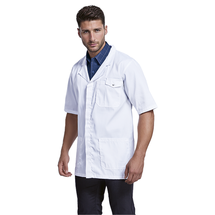 Male model wearing a white healthcare uniform jacket.