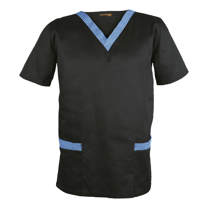 Black scrub top with blue V-neck trim.