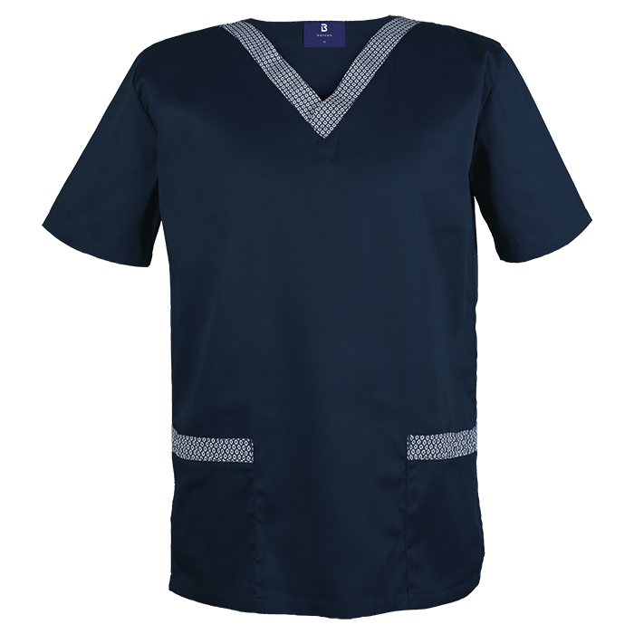 Navy scrub top with light blue V-neck trim.