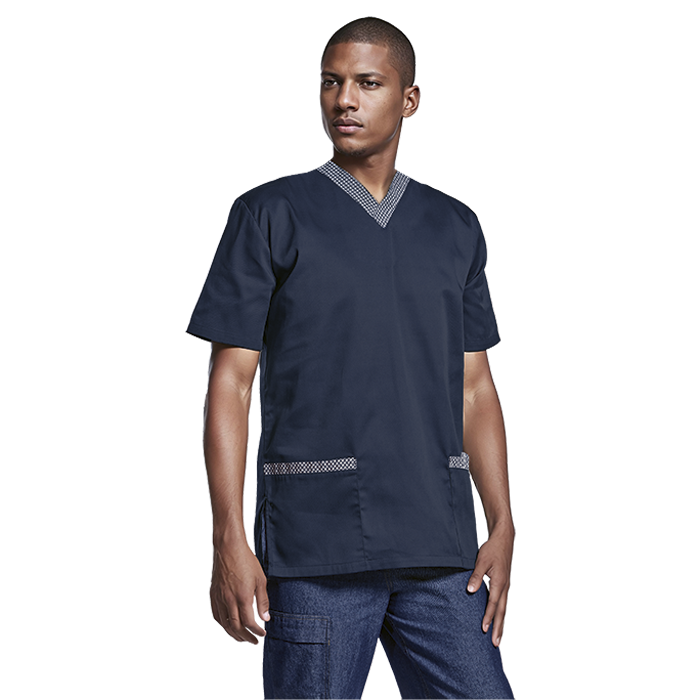 Male model wearing navy healthcare scrubs.