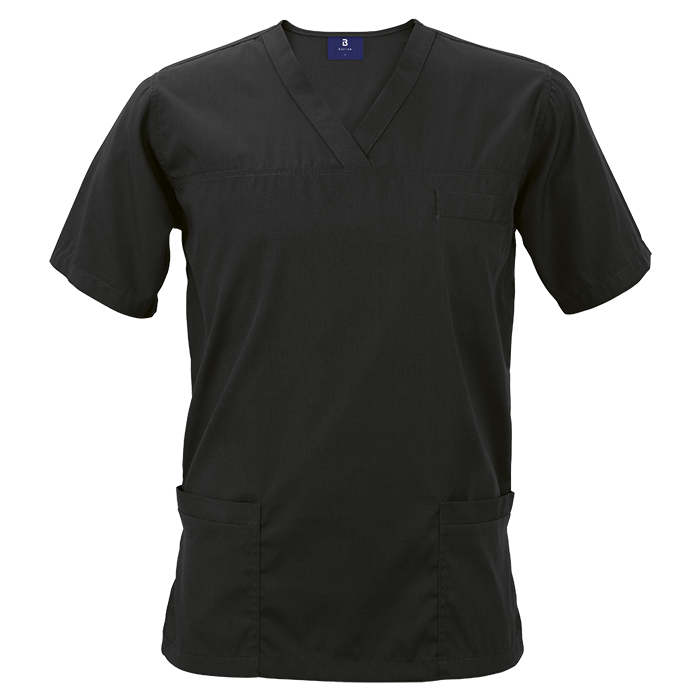 Black short-sleeve healthcare scrub top.