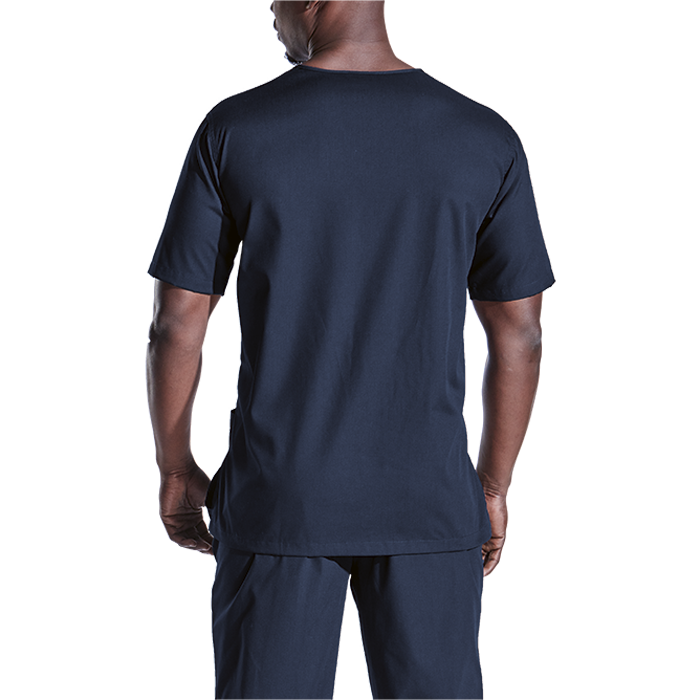 Male model wearing navy scrub top shown from the back.