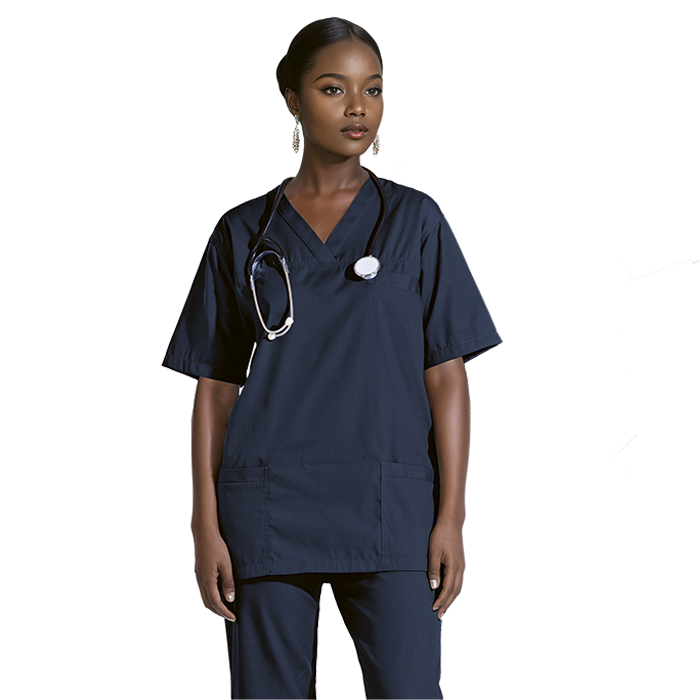 Female model wearing navy healthcare scrubs.