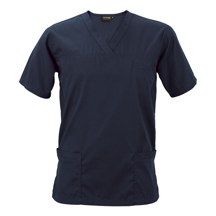 Navy short-sleeve healthcare scrub top.