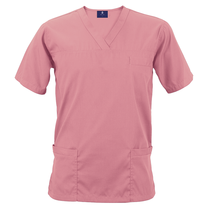 Pink short-sleeve healthcare scrub top.