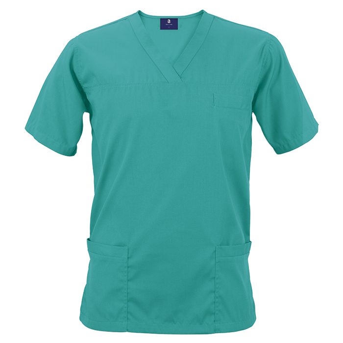 Turquoise short-sleeve healthcare scrub top.