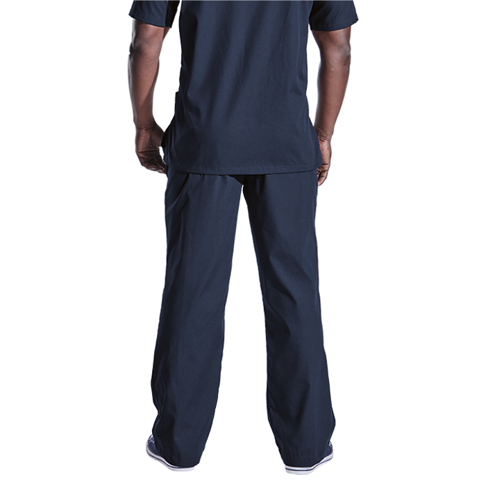 Male model wearing navy healthcare scrub trousers.