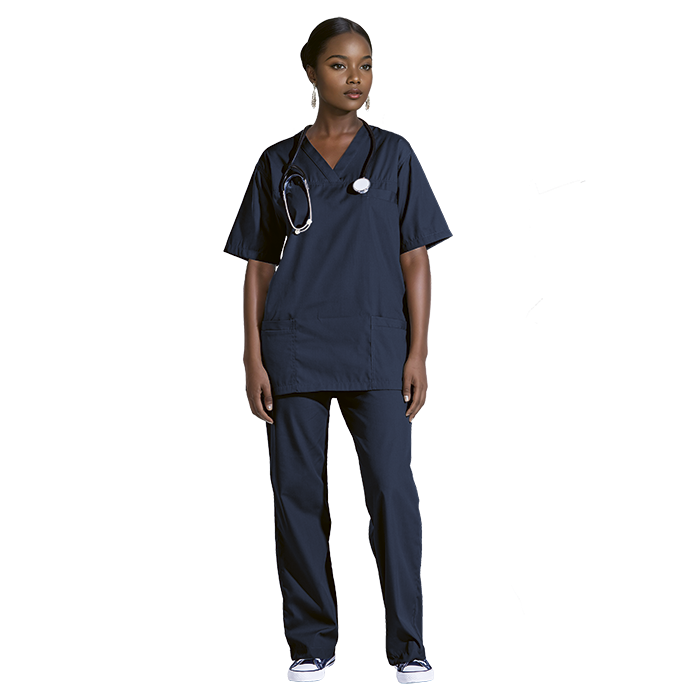 Female model wearing navy healthcare scrub set.