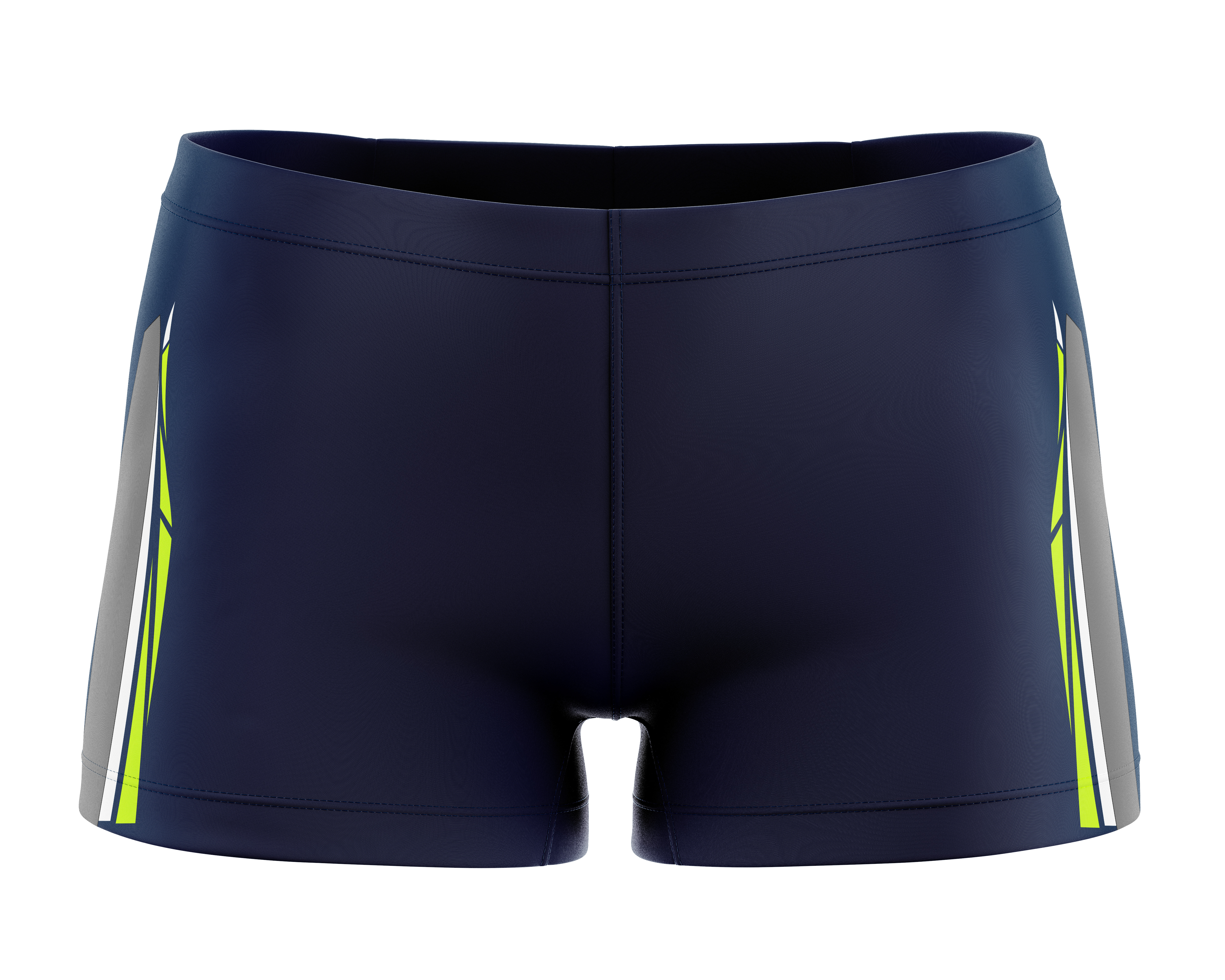 Navy athletic shorts with lime accents for custom sports branding.