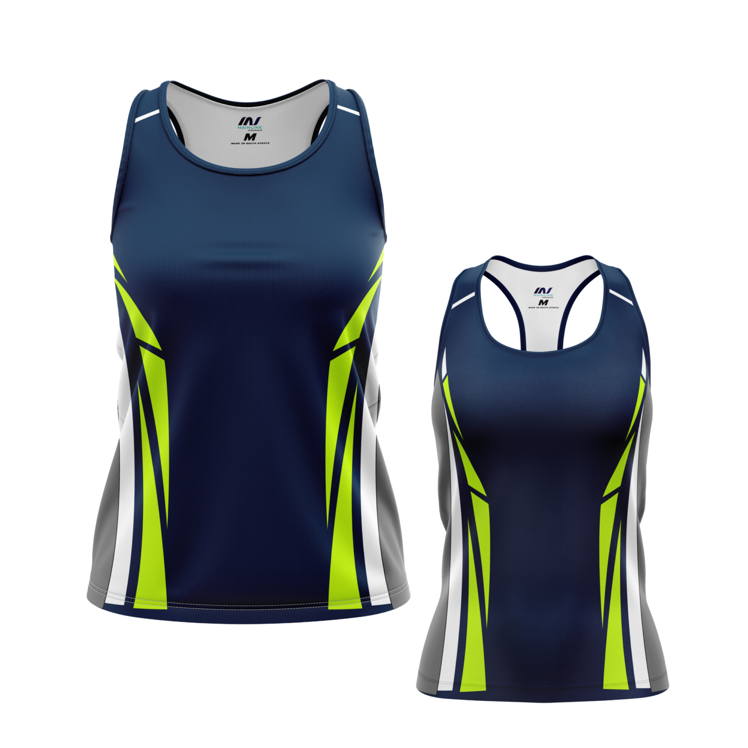 Ladies navy racerback sports top with lime accents.