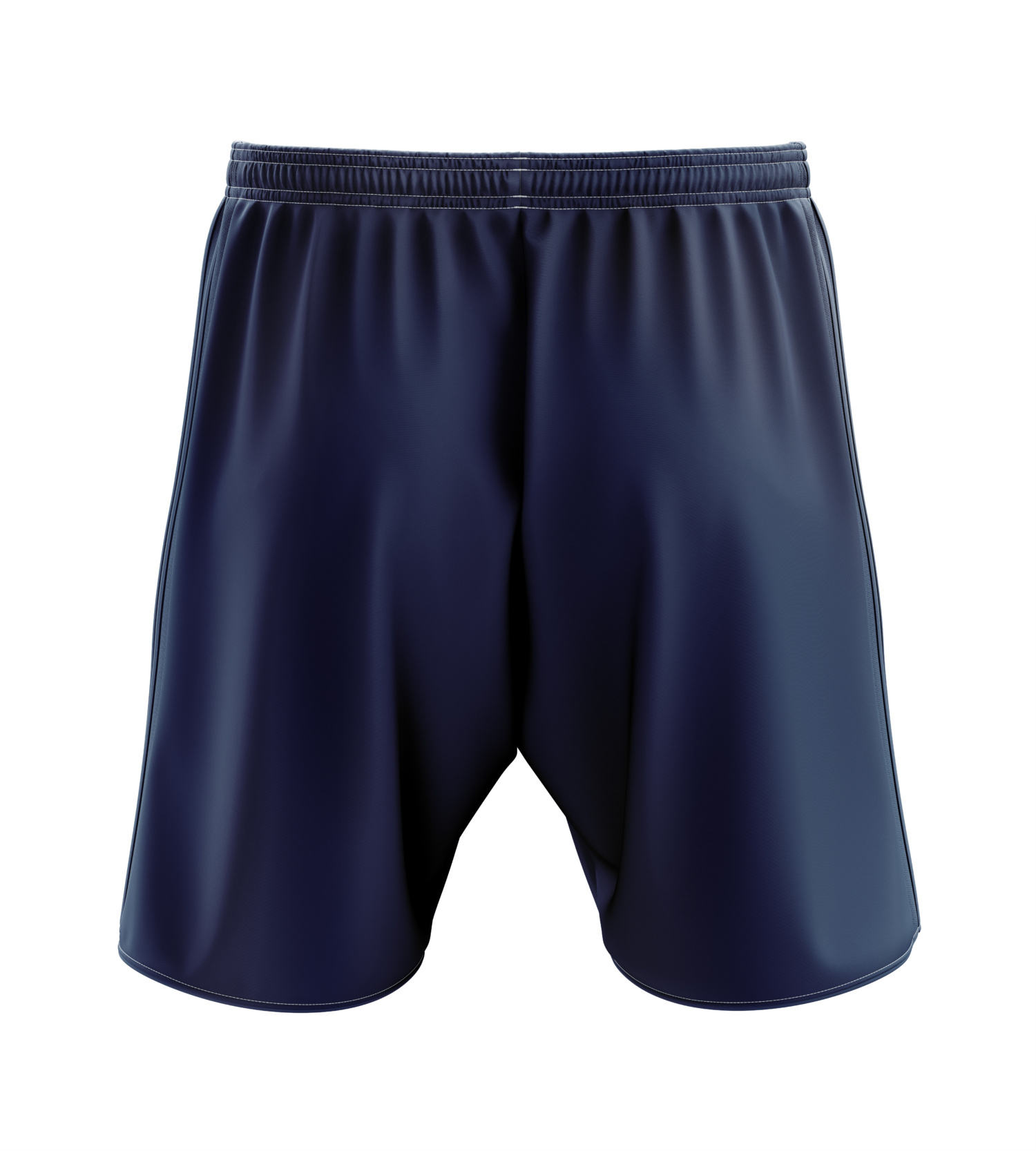 Navy sports shorts mock-up shown from the front.