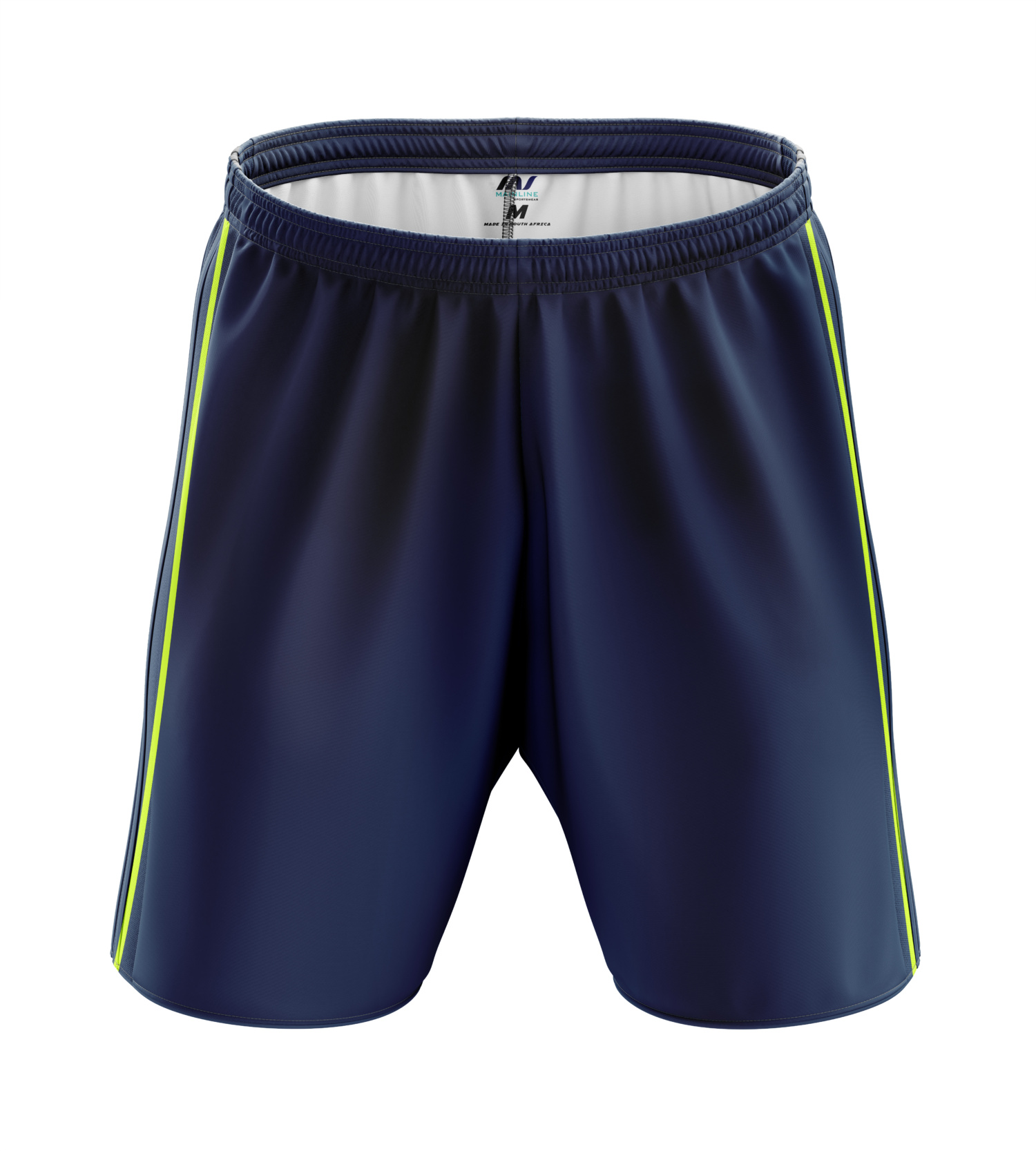 Navy sports shorts with lime side detailing.