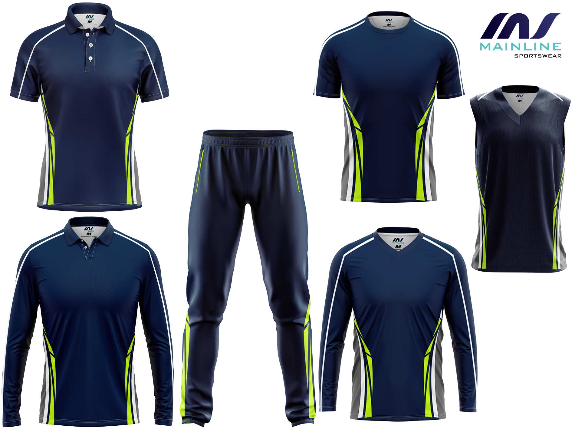 Navy sublimated cricket kit with lime accents.