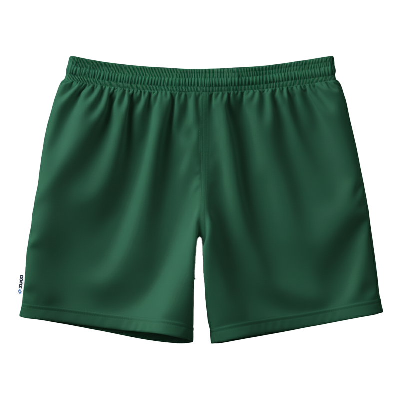 Green athletic shorts with elastic waistband.