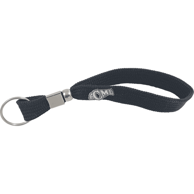 Black sports whistle lanyard with adjustable strap.