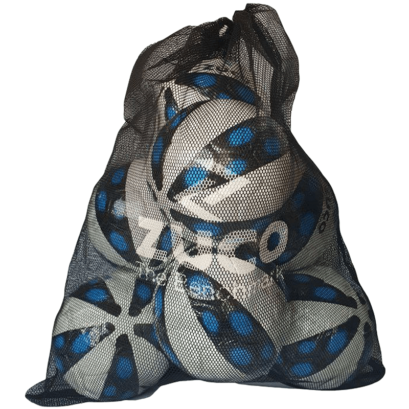 Black mesh sports ball carry bag with blue accents.