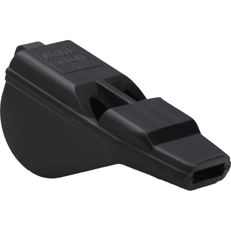 Black plastic referee whistle with finger grip.