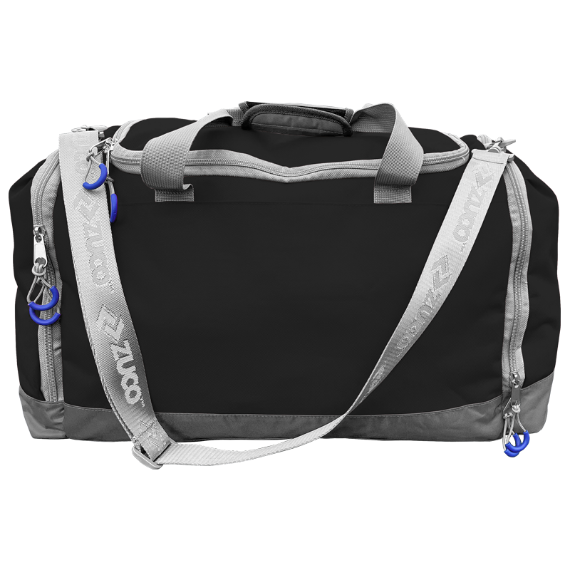 Grey sports duffel bag with blue piping.