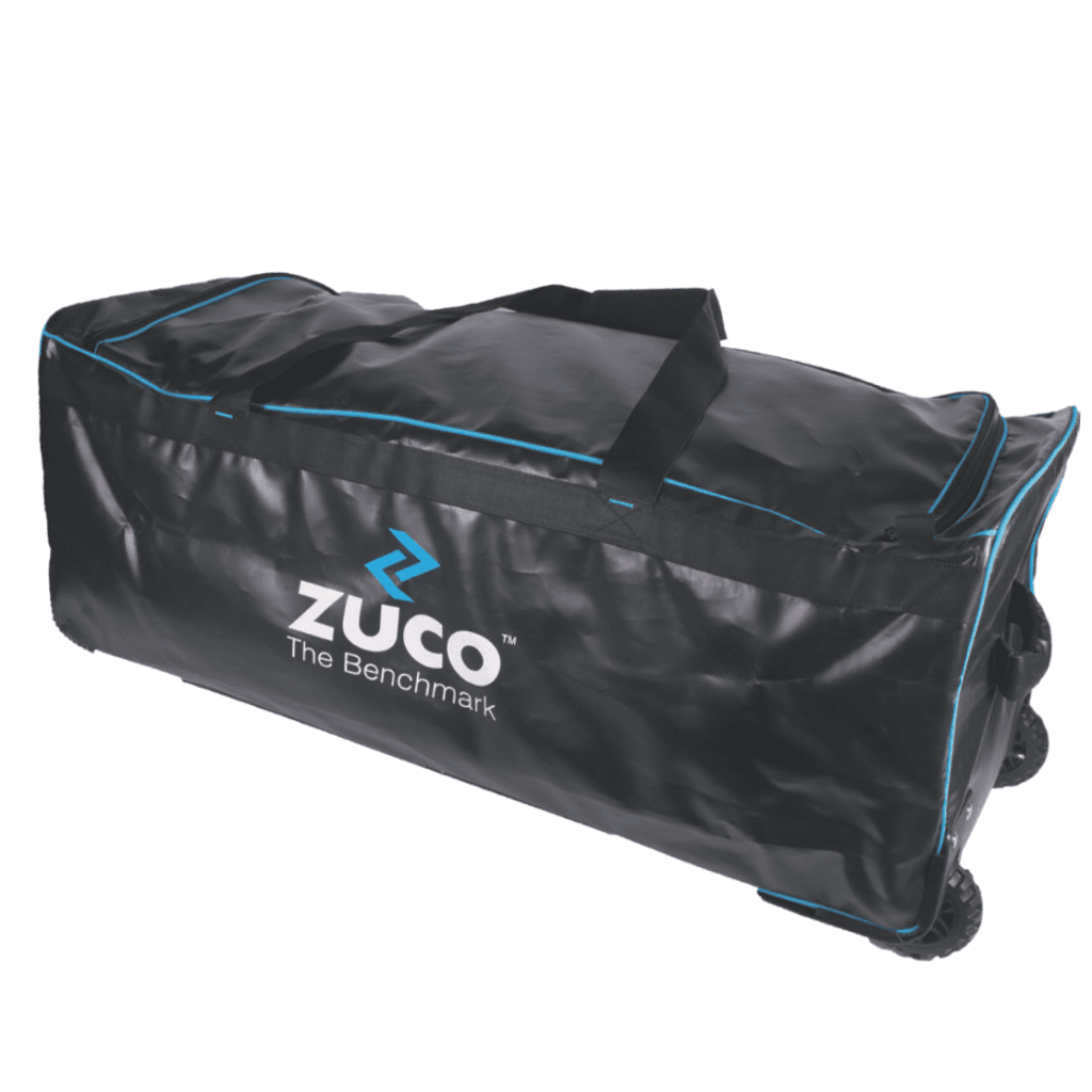 Black Zuco sports duffel bag with blue piping.