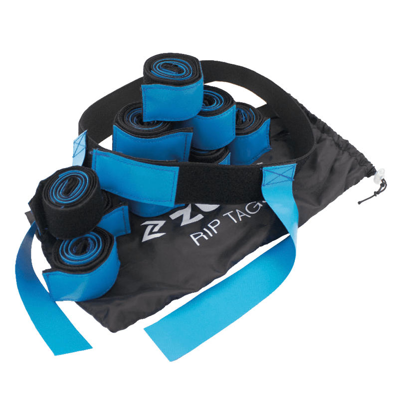 Blue and black sports training cones with carry strap.